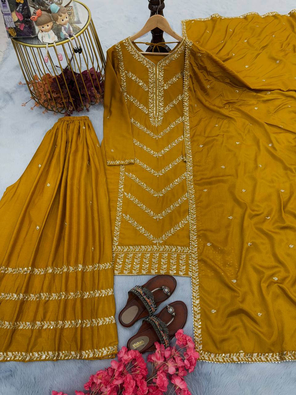 Mustard Yellow Premium Designer Readymade Top, Plazzo & Dupatta Set – Party Wear Collection