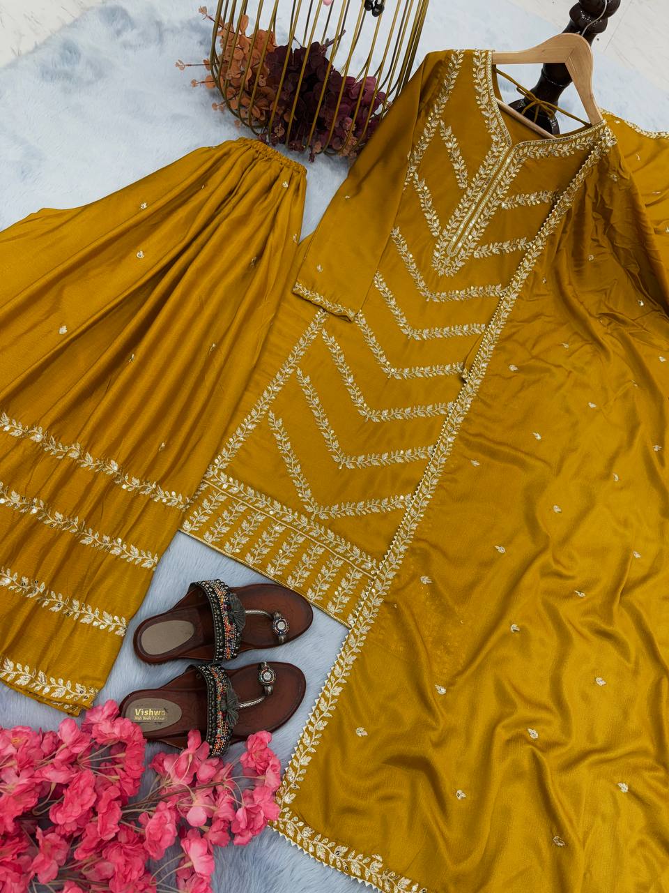 Mustard Yellow Premium Designer Readymade Top, Plazzo & Dupatta Set – Party Wear Collection