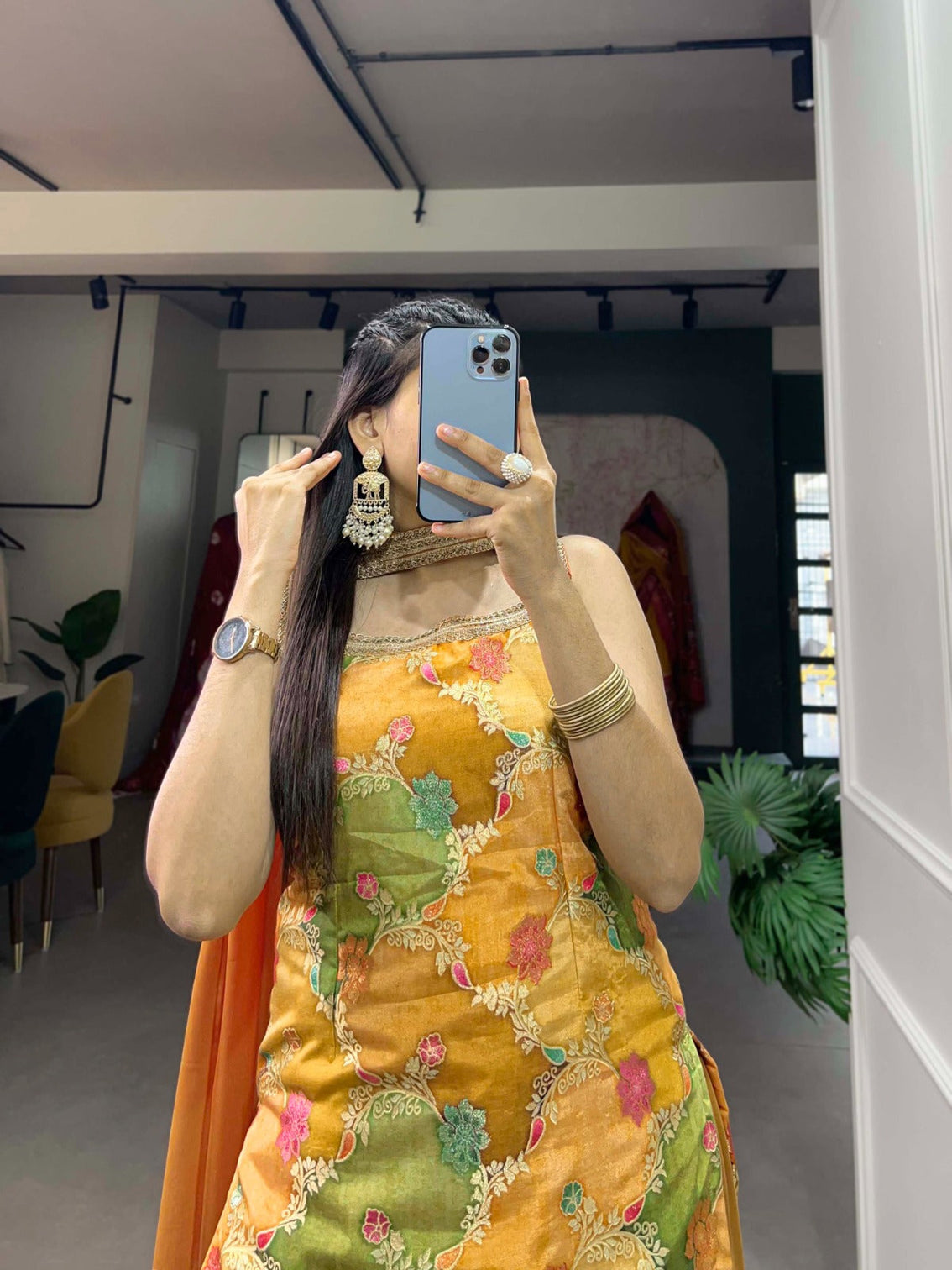 Mustard Yellow Viscose Jacquard Kurta Palazzo Set with Printed Dupatta