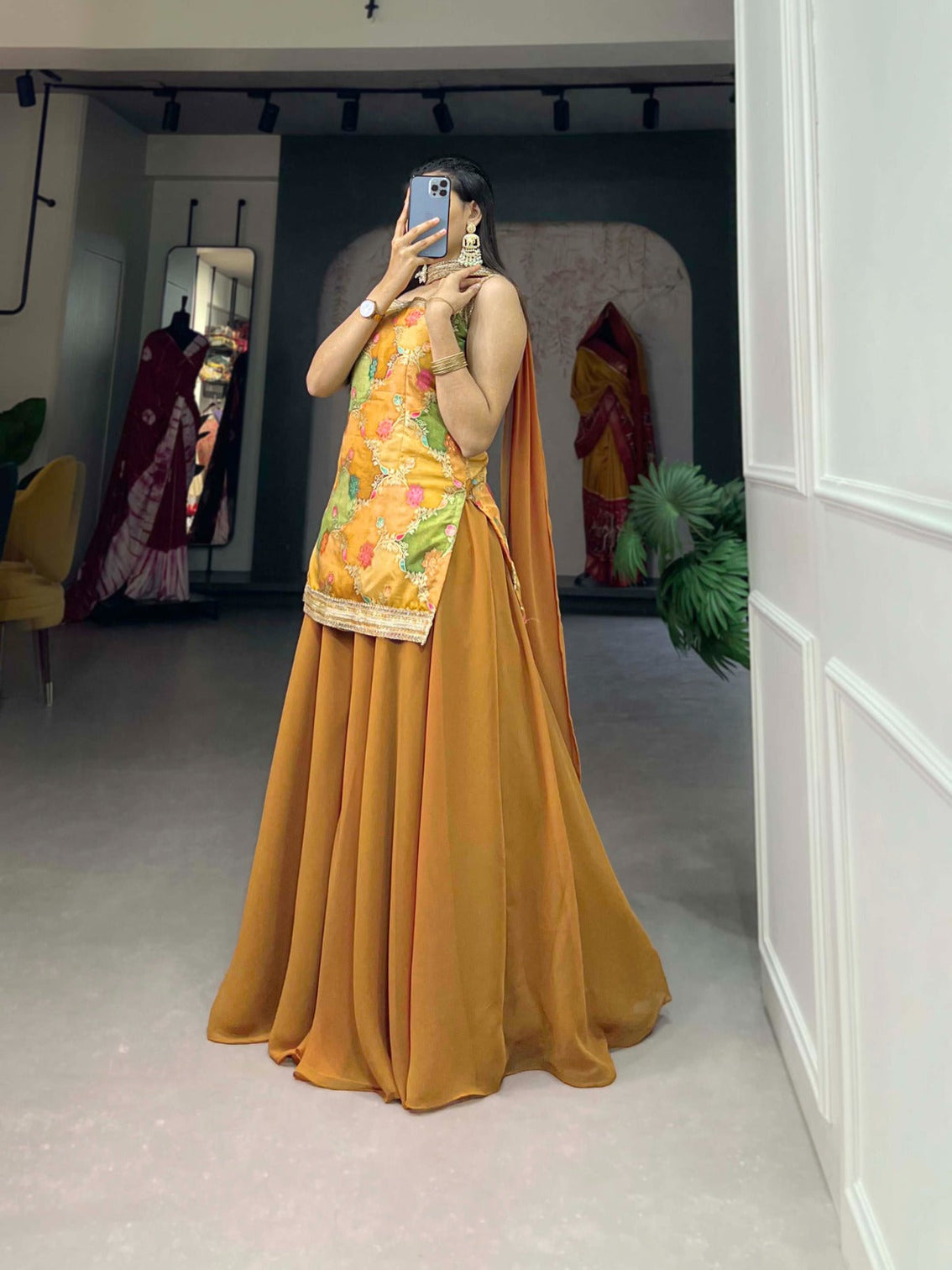 Mustard Yellow Viscose Jacquard Kurta Palazzo Set with Printed Dupatta
