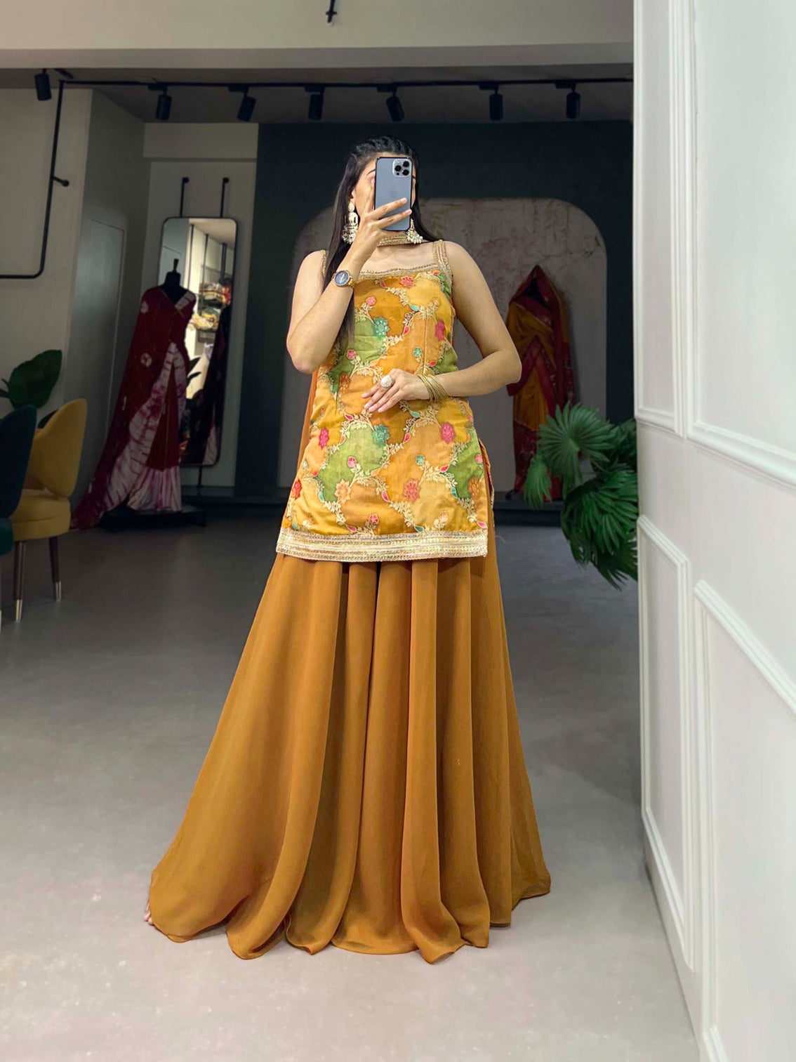 Mustard Yellow Viscose Jacquard Kurta Palazzo Set with Printed Dupatta