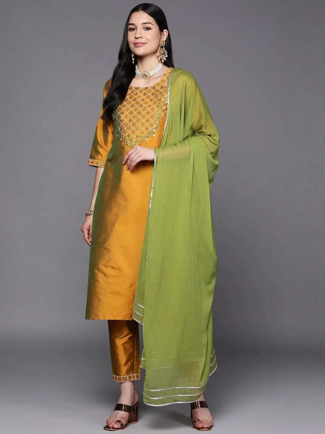 Libas Mustard Yoke Design Silk Blend Straight Kurta With Dupatta