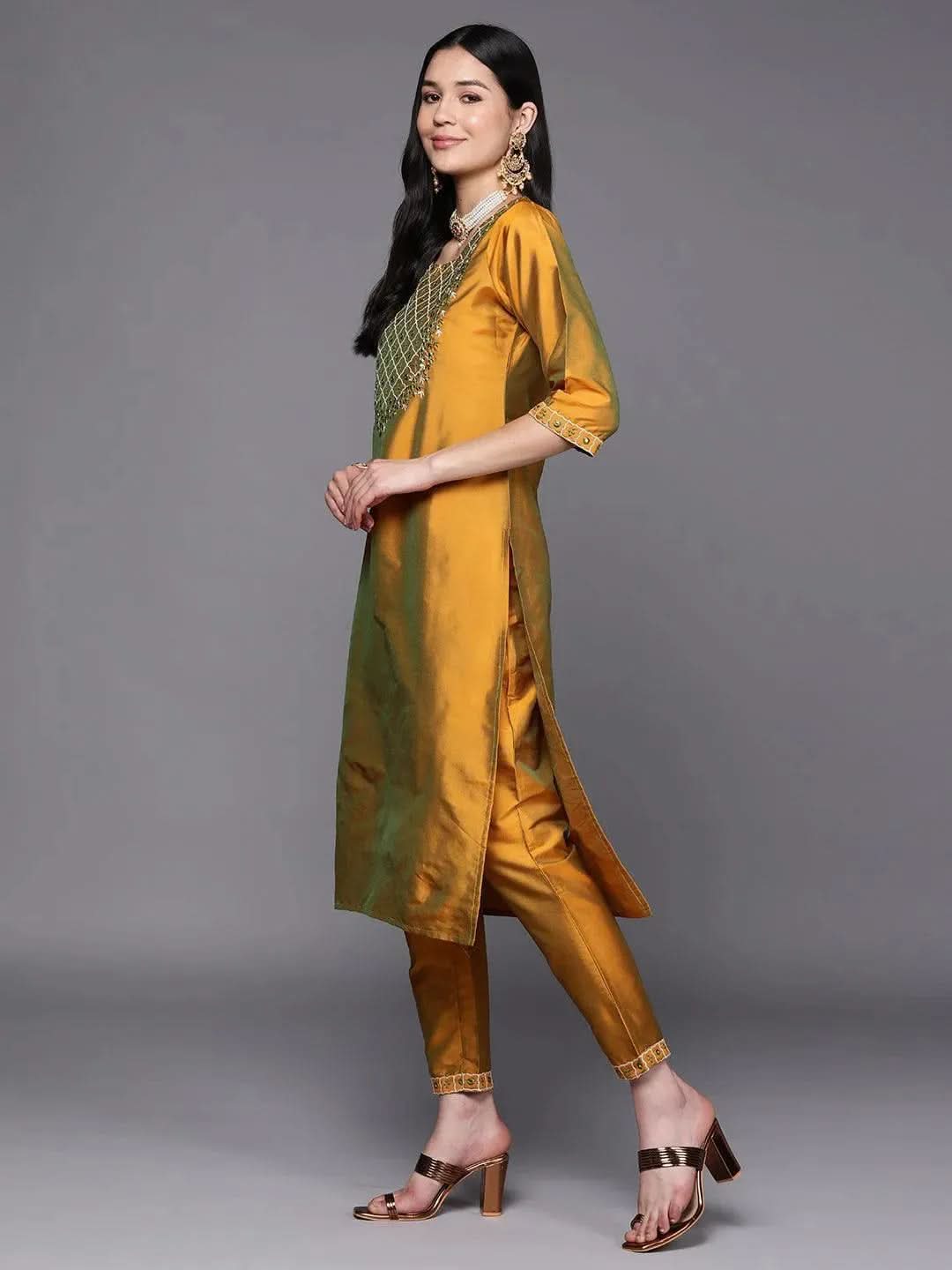 Libas Mustard Yoke Design Silk Blend Straight Kurta With Dupatta