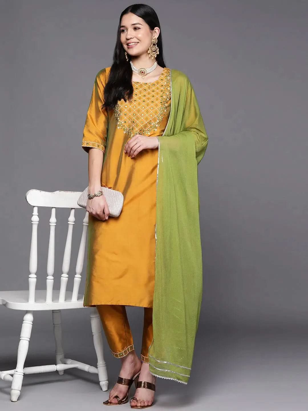 Libas Mustard Yoke Design Silk Blend Straight Kurta With Dupatta