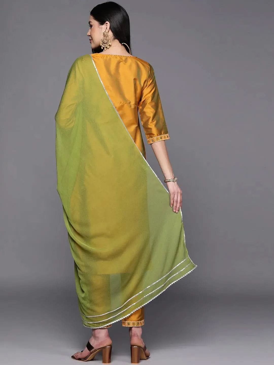 Libas Mustard Yoke Design Silk Blend Straight Kurta With Dupatta