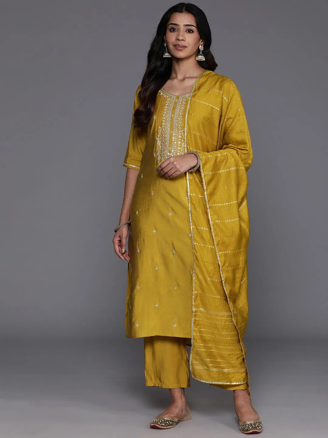 Mameraa Mustard Yoke Design Silk Blend Straight Suit With Dupatta