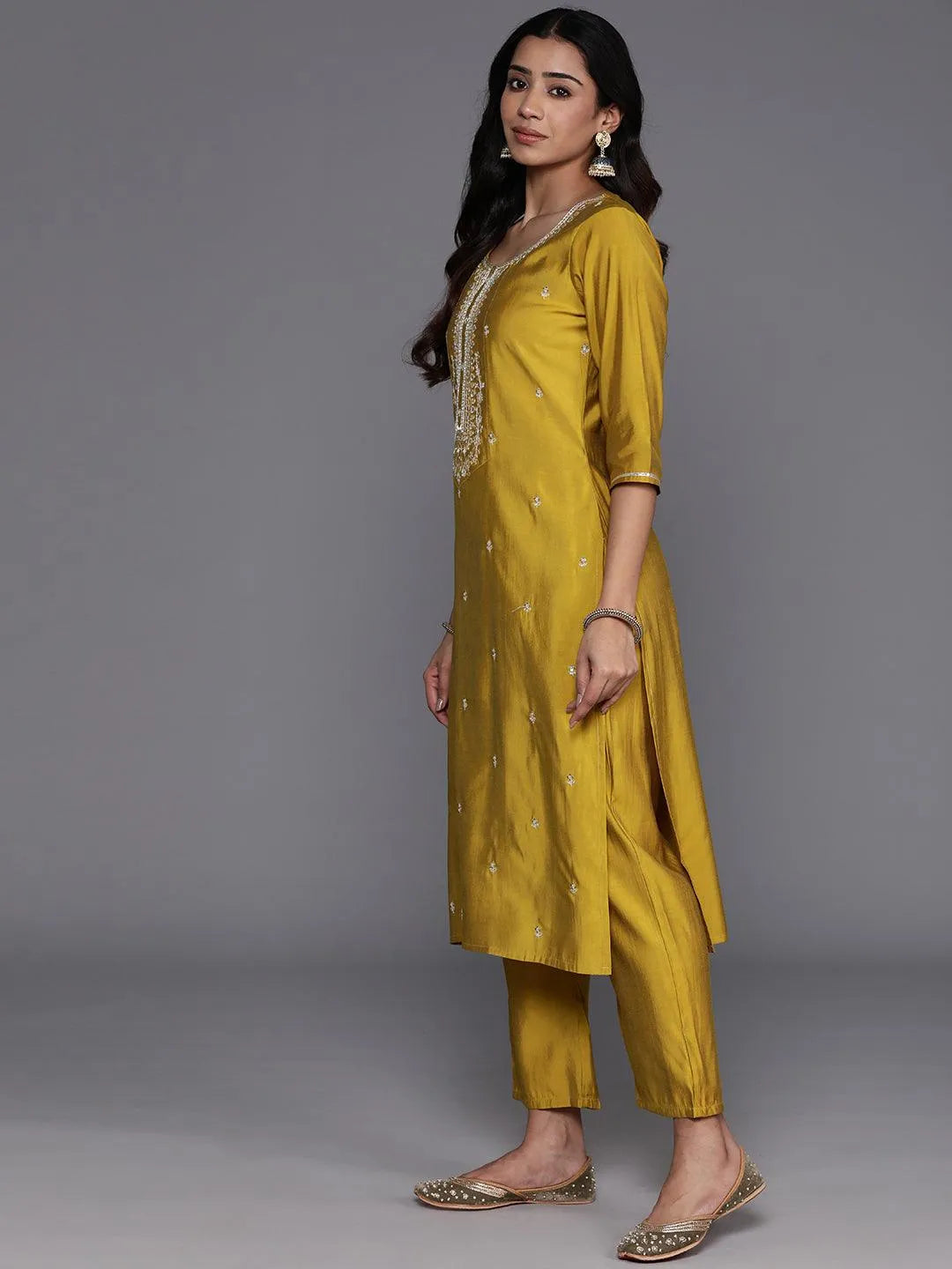 Mameraa Mustard Yoke Design Silk Blend Straight Suit With Dupatta