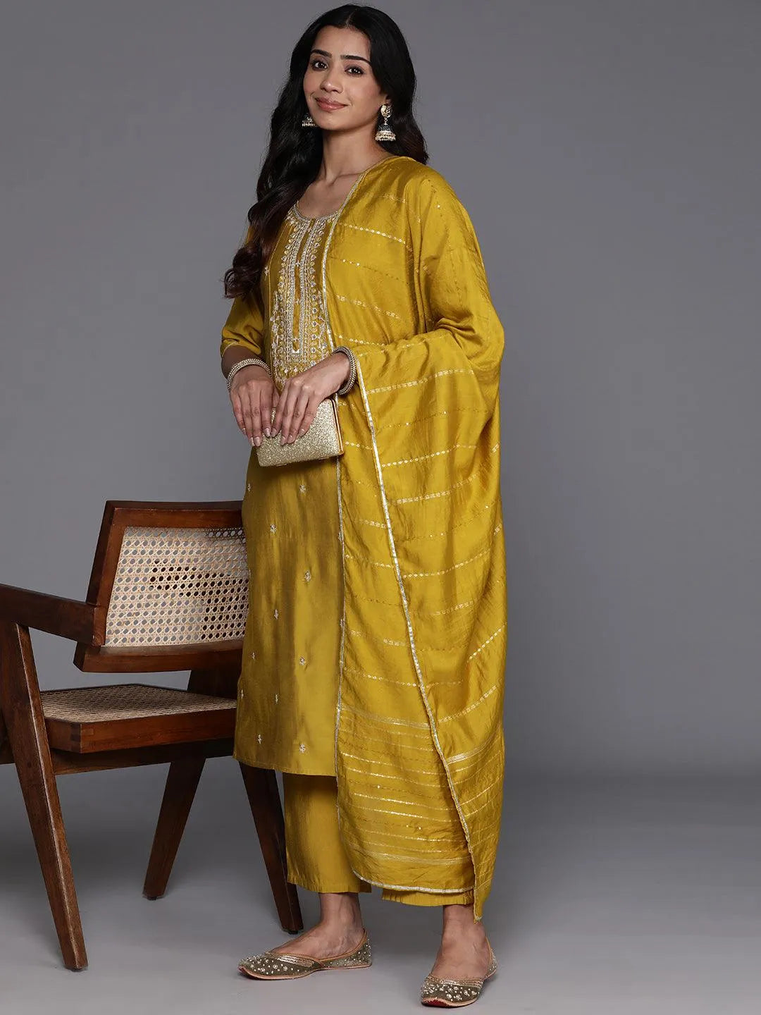 Mameraa Mustard Yoke Design Silk Blend Straight Suit With Dupatta