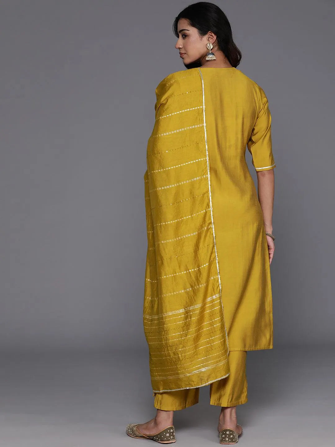 Mameraa Mustard Yoke Design Silk Blend Straight Suit With Dupatta