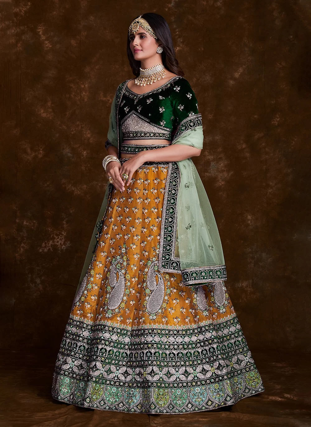 Mustard Zari Dori and zarkan work Designer Lehenga Choli