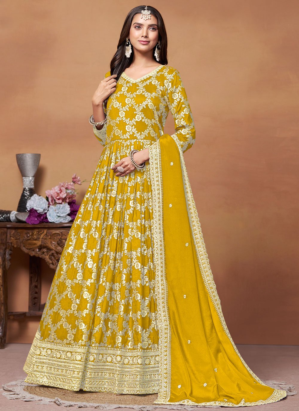 Mustrad zari work jacquard print anarkali suit for women