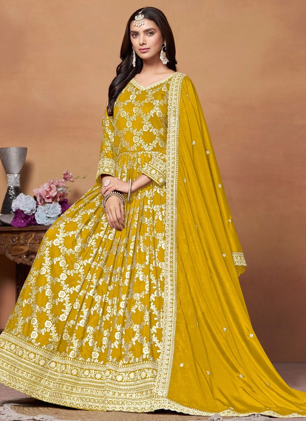 Mustrad zari work jacquard print anarkali suit for women