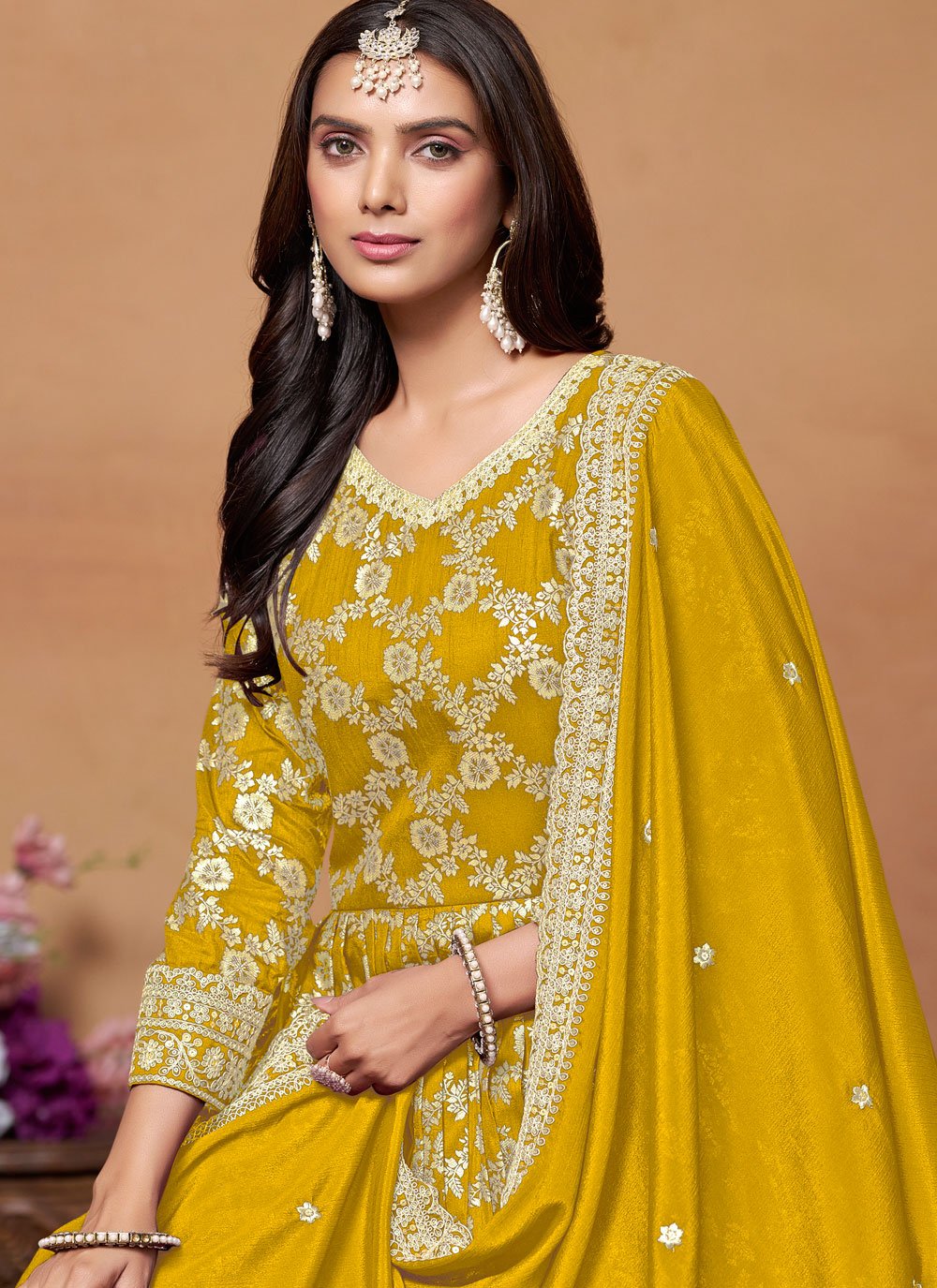 Mustrad zari work jacquard print anarkali suit for women