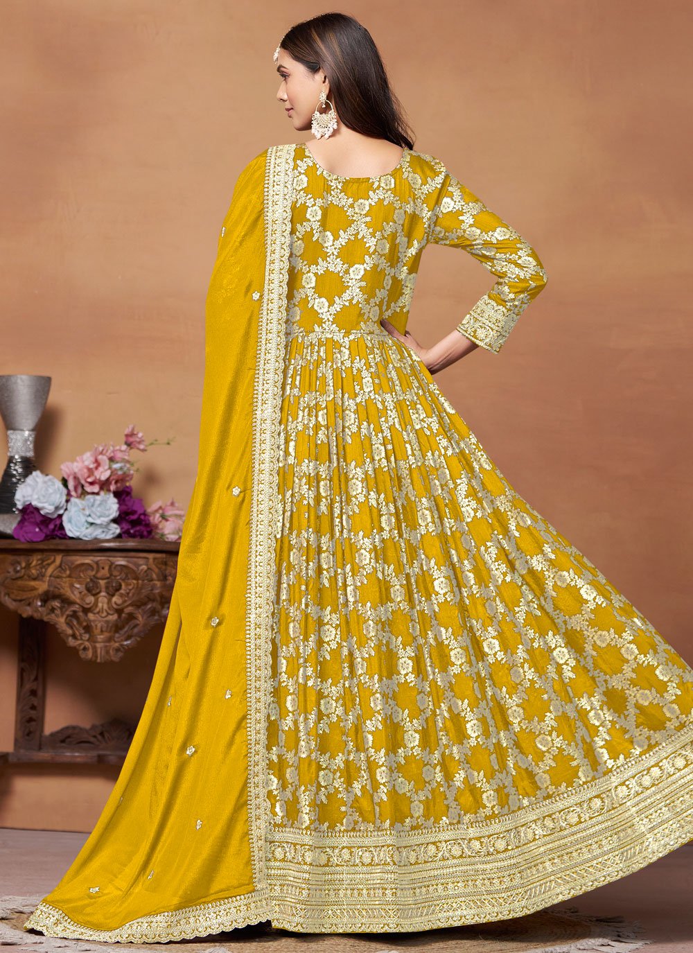 Mustrad zari work jacquard print anarkali suit for women