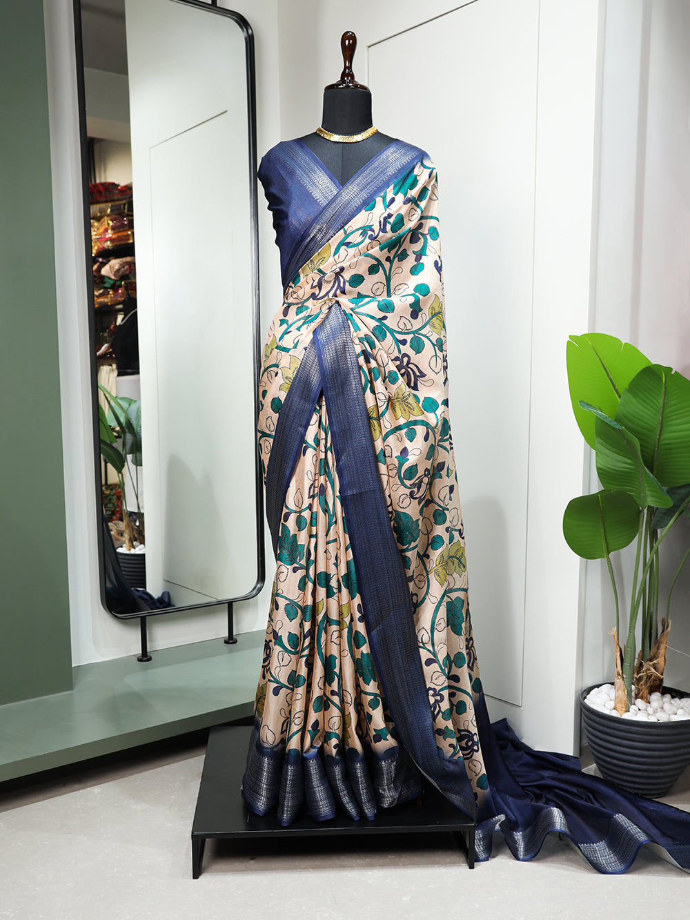 Navy Blue Color Printed With Zari Border Dola Silk Saree