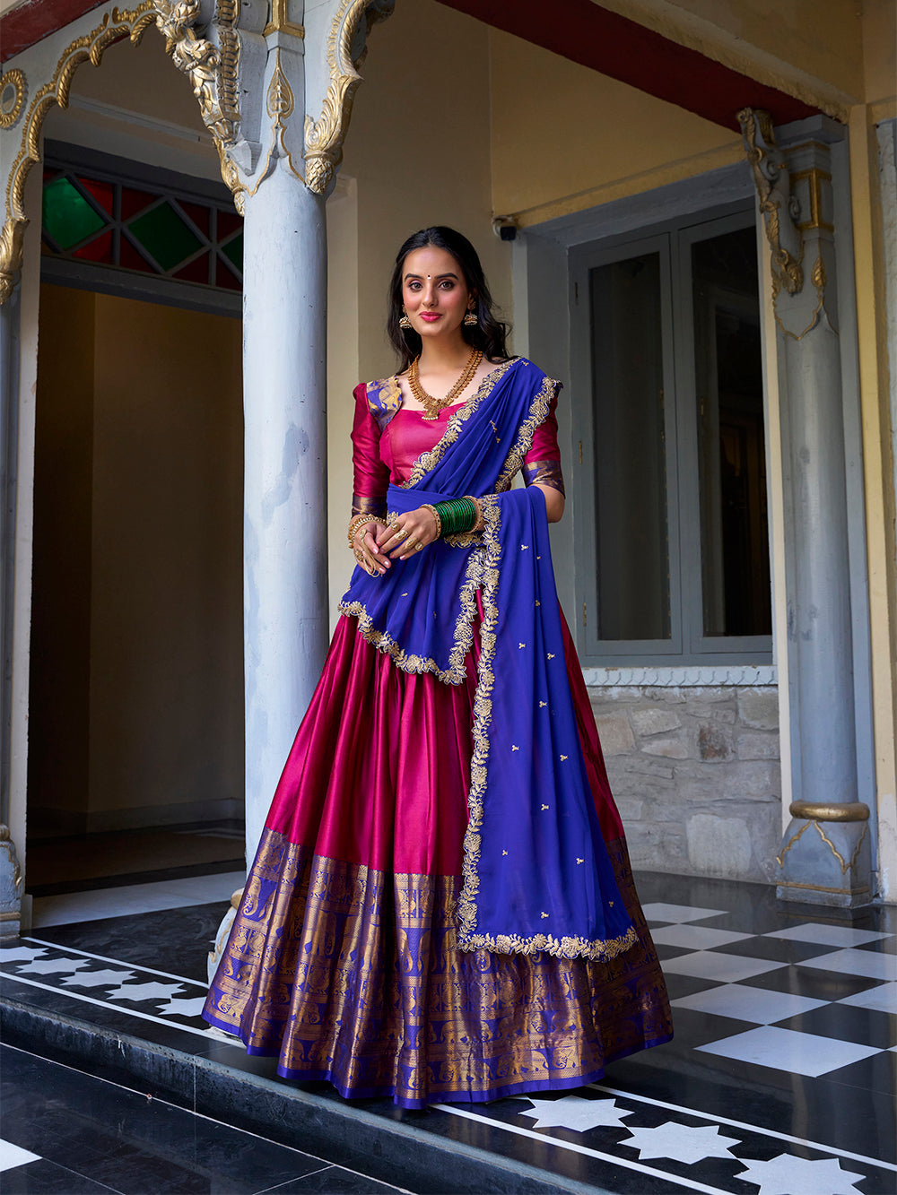 Pink narayan pattu lehenga choli with zari weaving embroidered georgette dupatta