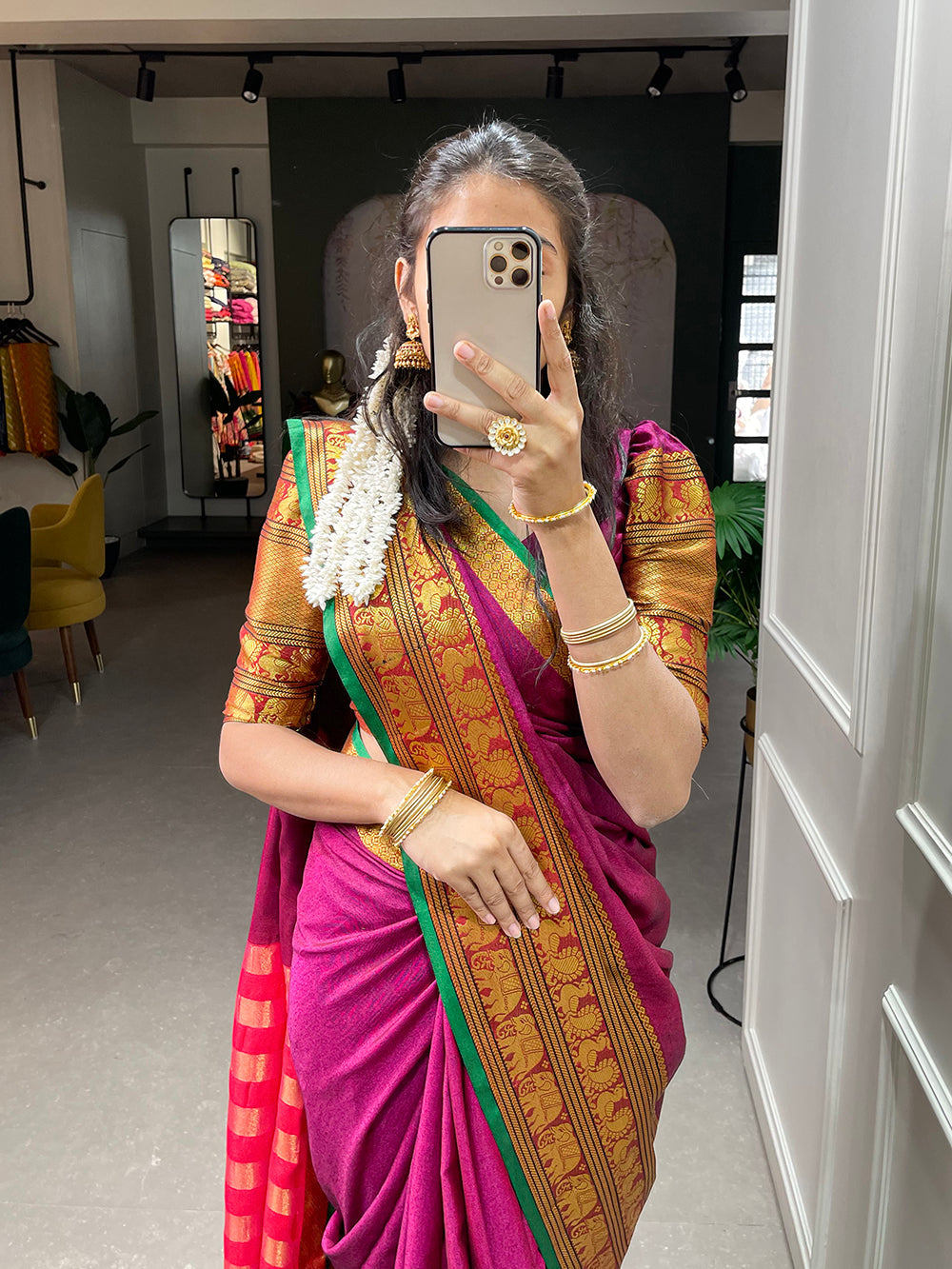 Pink Color Zari Weaving Work Narayan Pet Saree