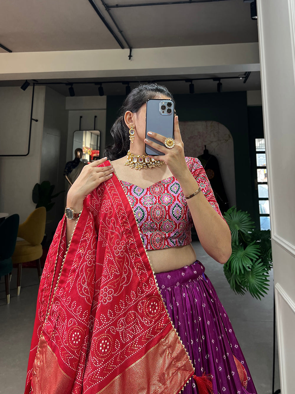 Purple Color Bandhani And Ajrakh Print With Foil Work  Dola Silk Chaniya Choli