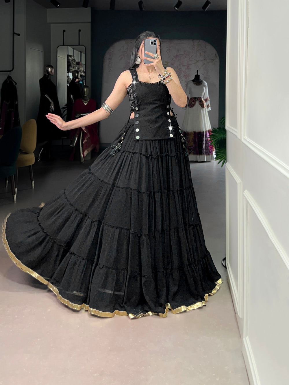 Black color embossed design lace border marbel chaniya choli