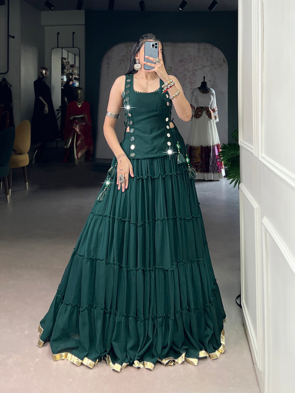Green color embossed design lace border marbel chaniya choli