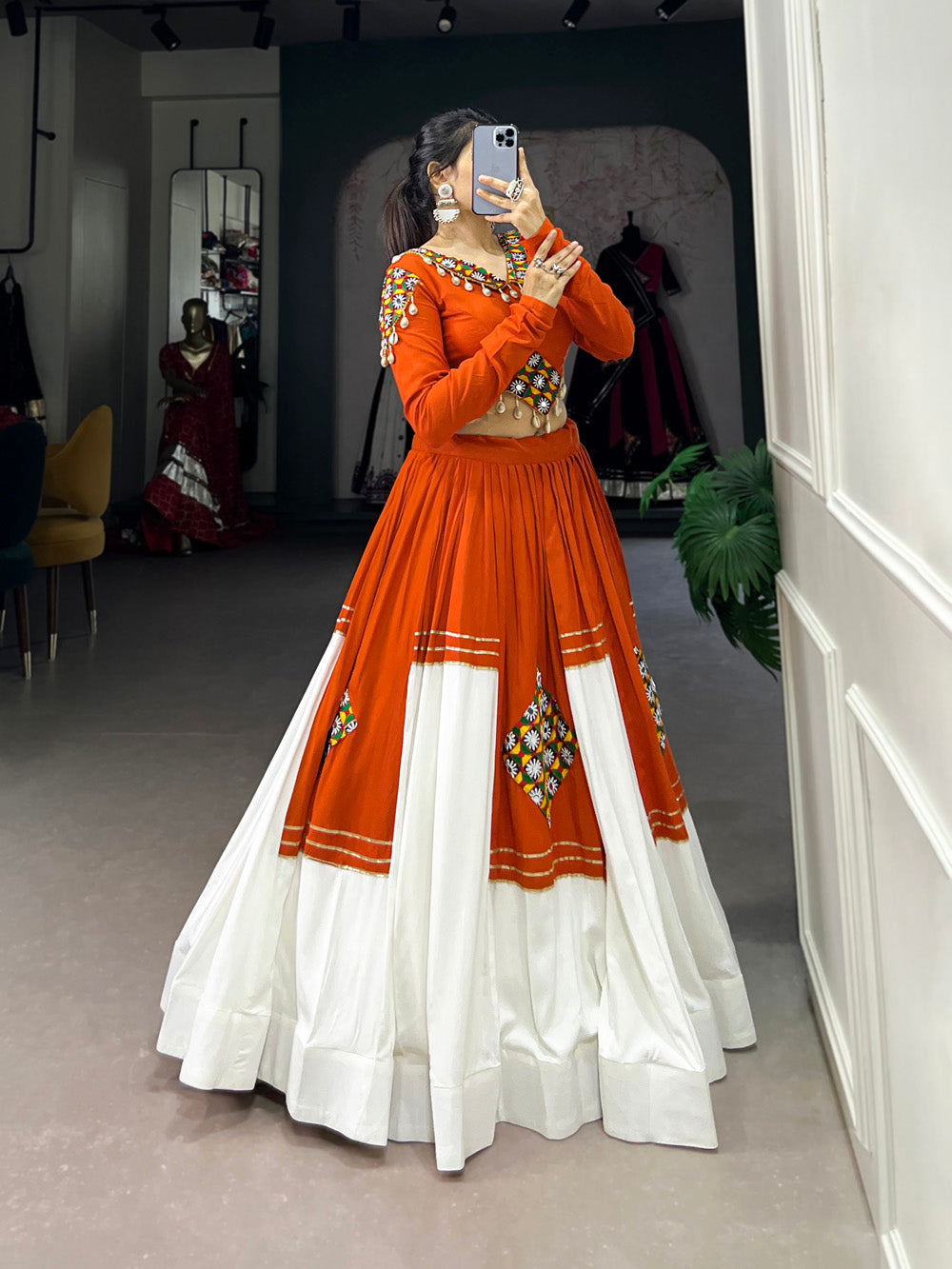 Orange color gamthi work with gotta patti lace design lehenga choli