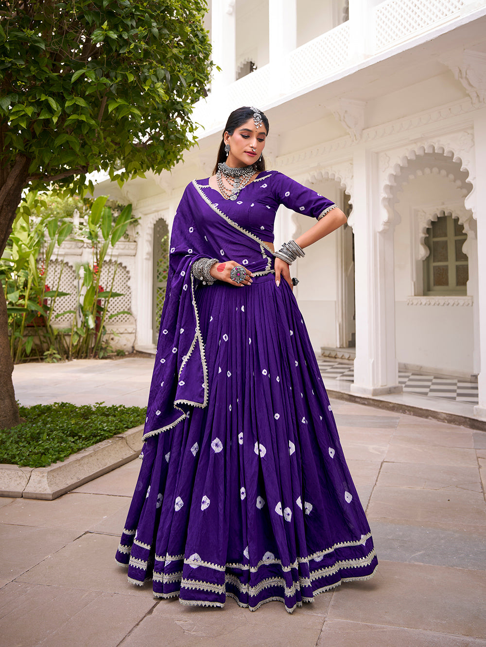 Purple chanderi bandhej print chaniya choli with lace work 6 meter flair
