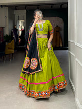 Parrot Color Gamthi Work With Paper Mirror Work Cotton Dandiya Choli