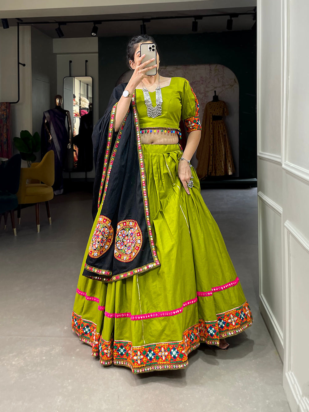 Parrot Color Gamthi Work With Paper Mirror Work Cotton Dandiya Choli