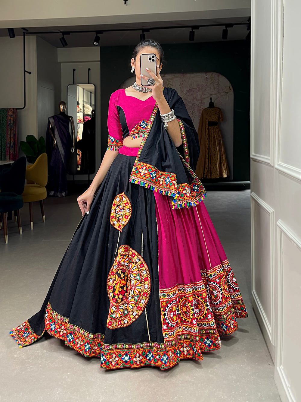 Pink Color Gamthi Work And Paper Mirror Work Cotton Chaniya Choli