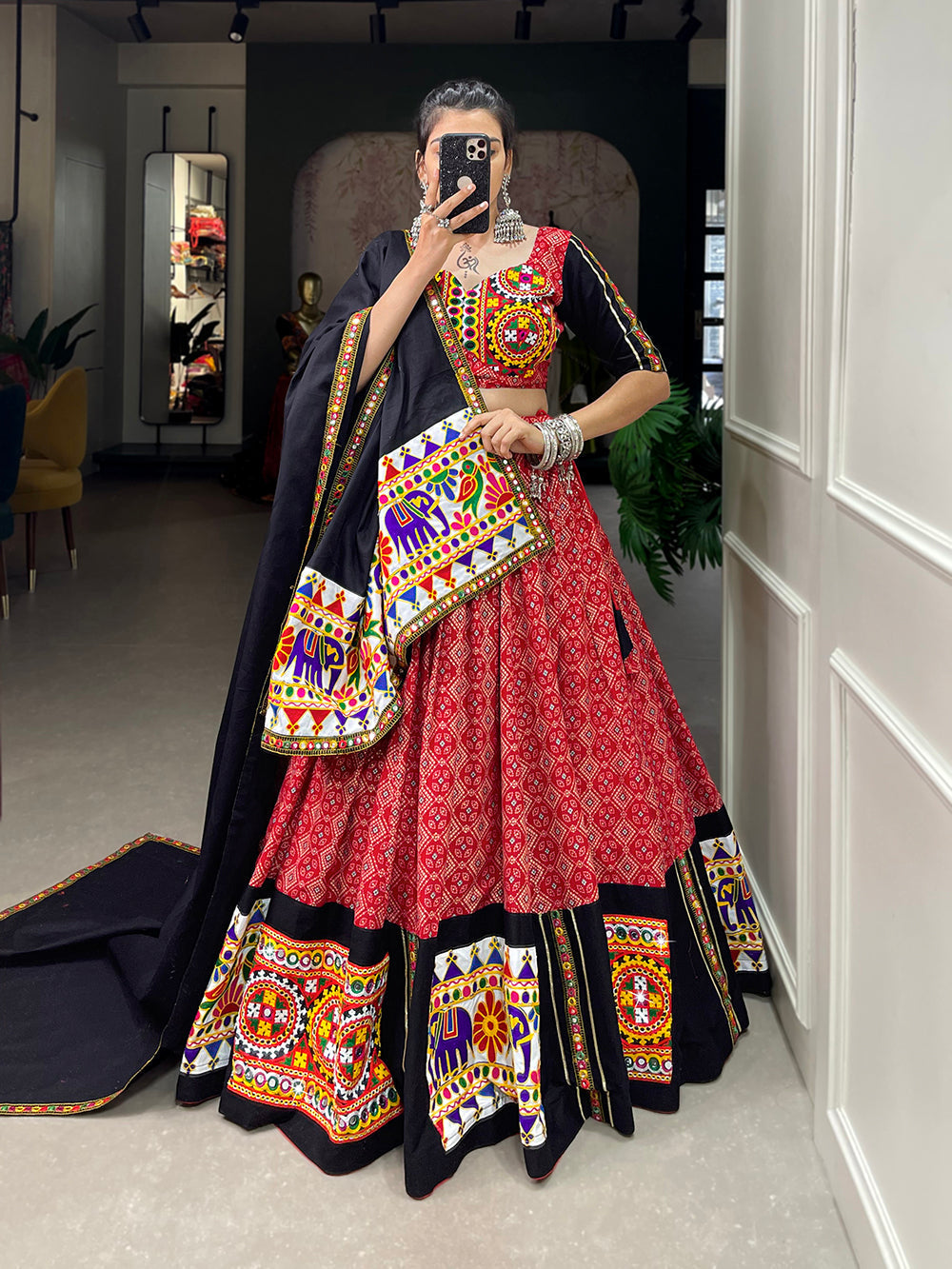 Red Color Printed And Gamthi Work With Mirror Work Cotton Chaniya Choli