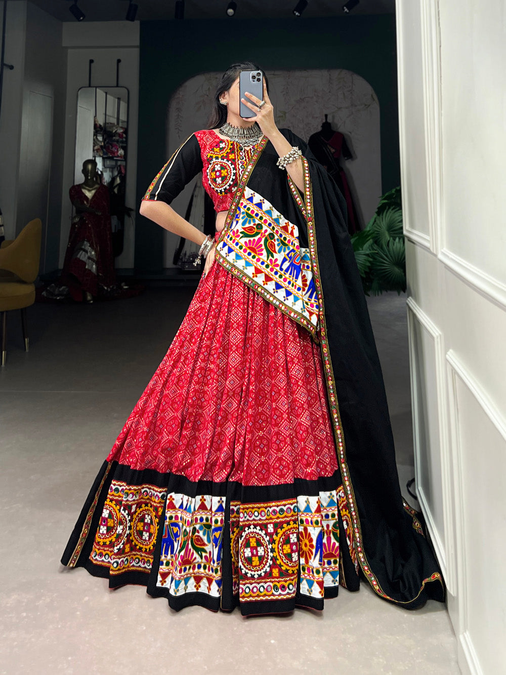 Red color printed and gamthi work with mirror work cotton chaniya choli