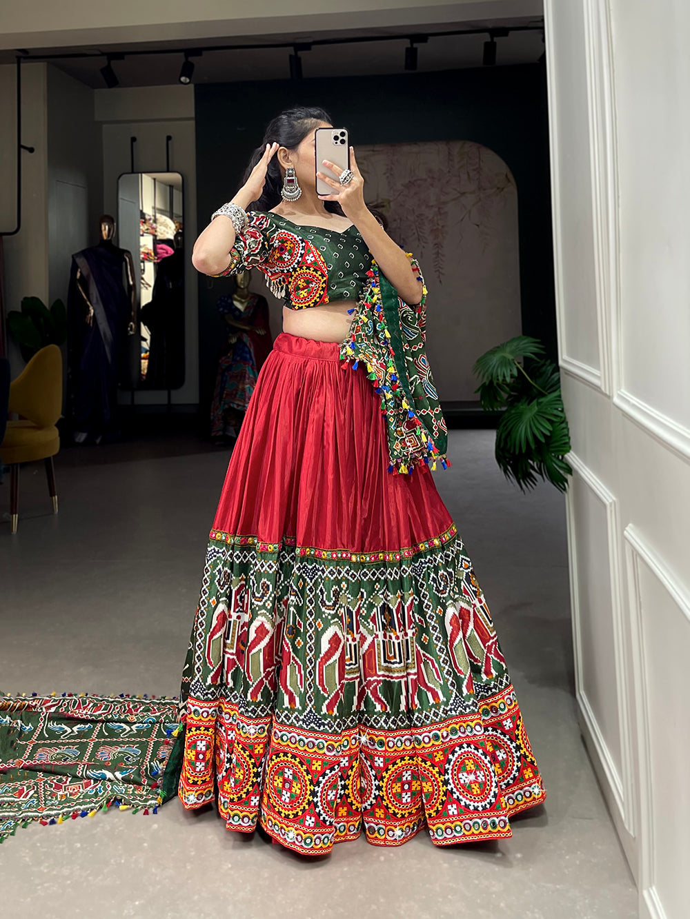 Red Color Patola Print With Gamthi Work And Mirror Work Dola Silk Lehenga  Choli