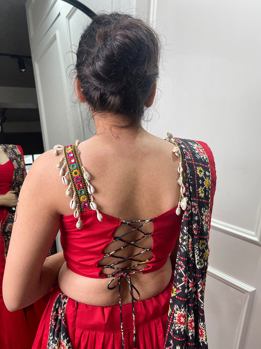 Red Color Patola Print With Paper Mirror Work Ghaghra Choli
