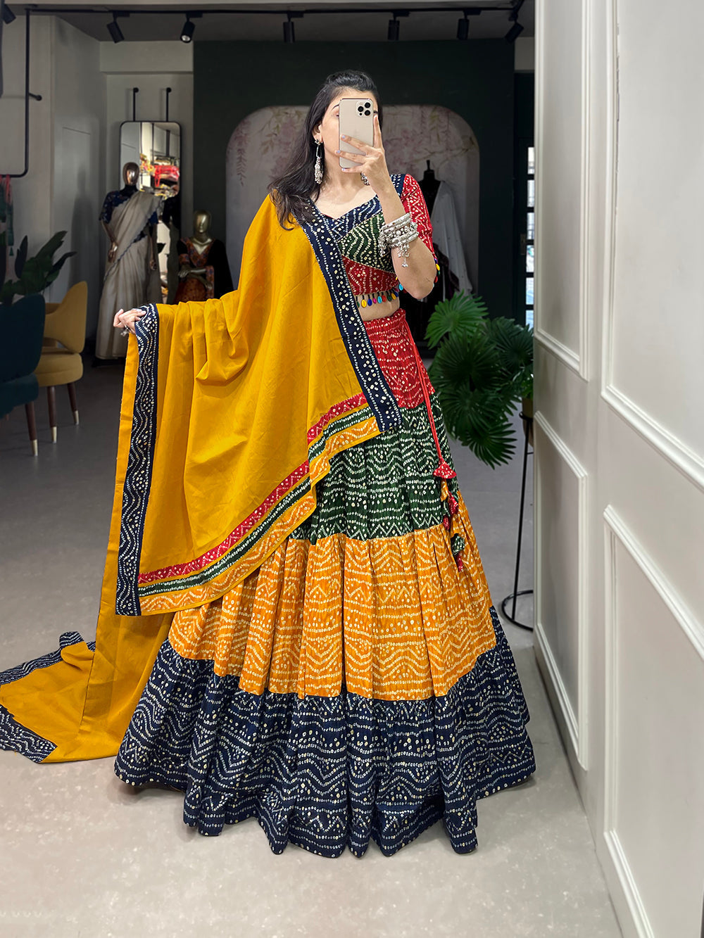 Multi Color Bandhej Printed With Foil Work Rayon Navratri Chaniya Choli