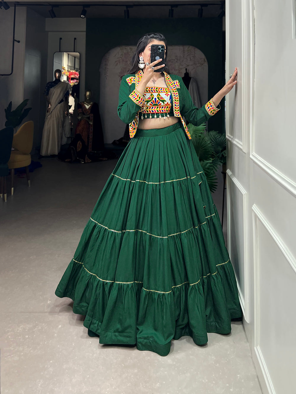 Green Color Plain With Gota Patti Rayon Navratri Collection Chaniya Choli