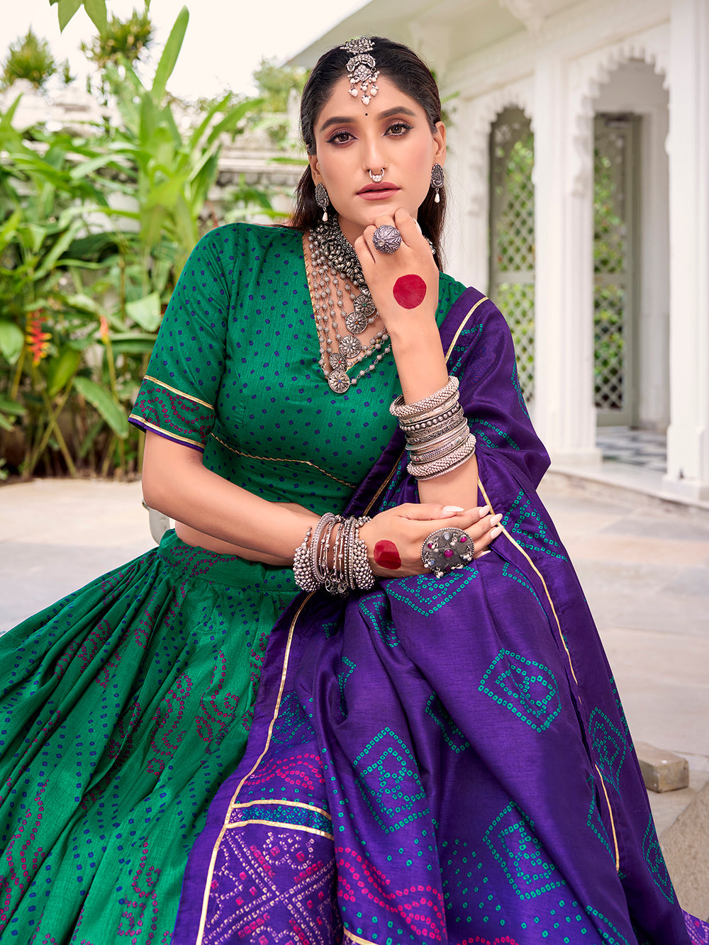 Green tasar silk bandhej print lehenga choli with gotta patti lace 4 meter flair