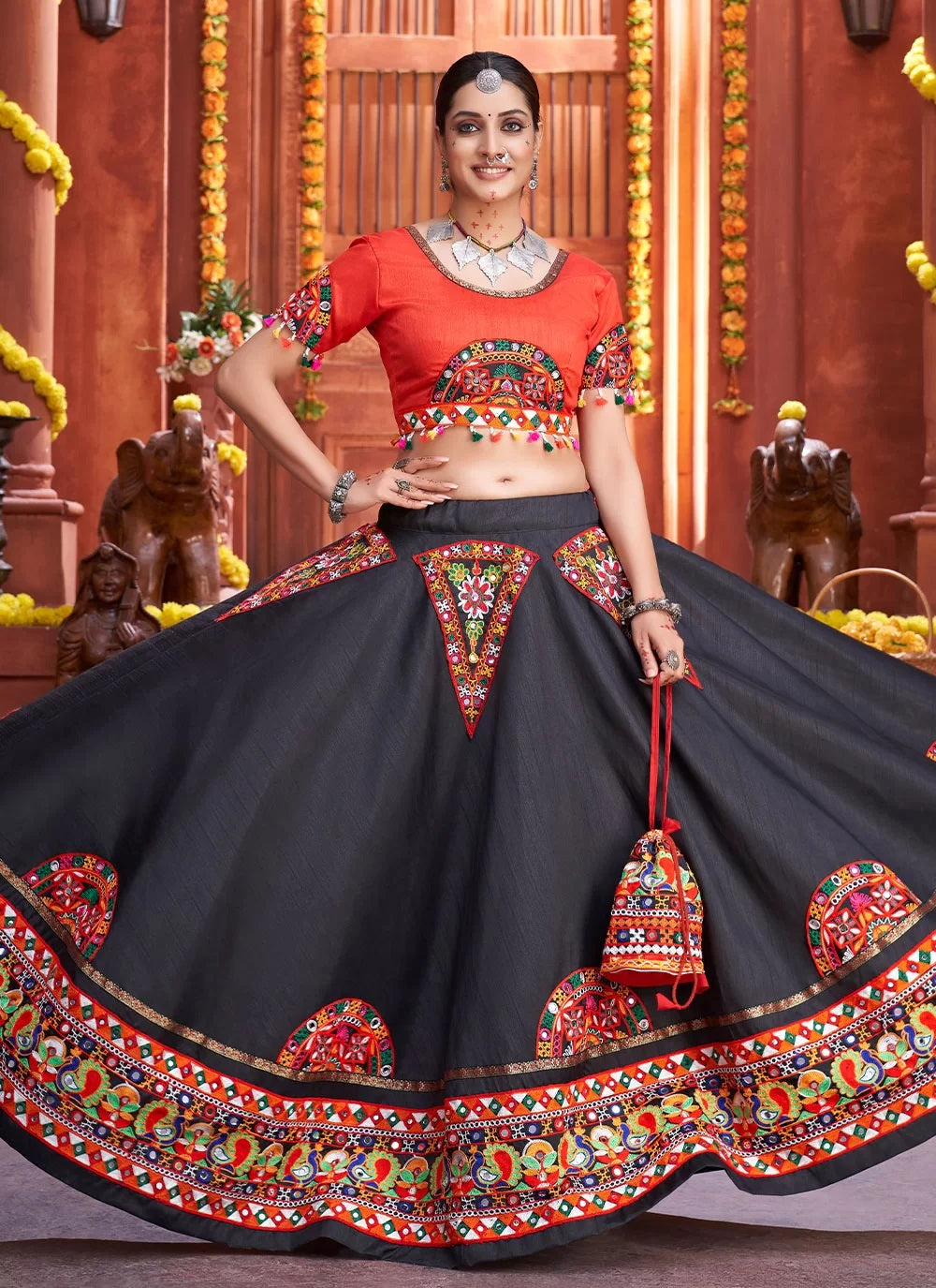 Navratri special black gamthi work art silk attractive rajwadi ghaghra choli
