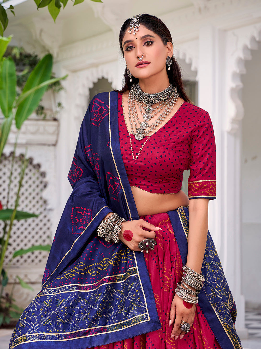 Pink tasar silk bandhej print lehenga choli with gotta patti lace work 4 meter flair