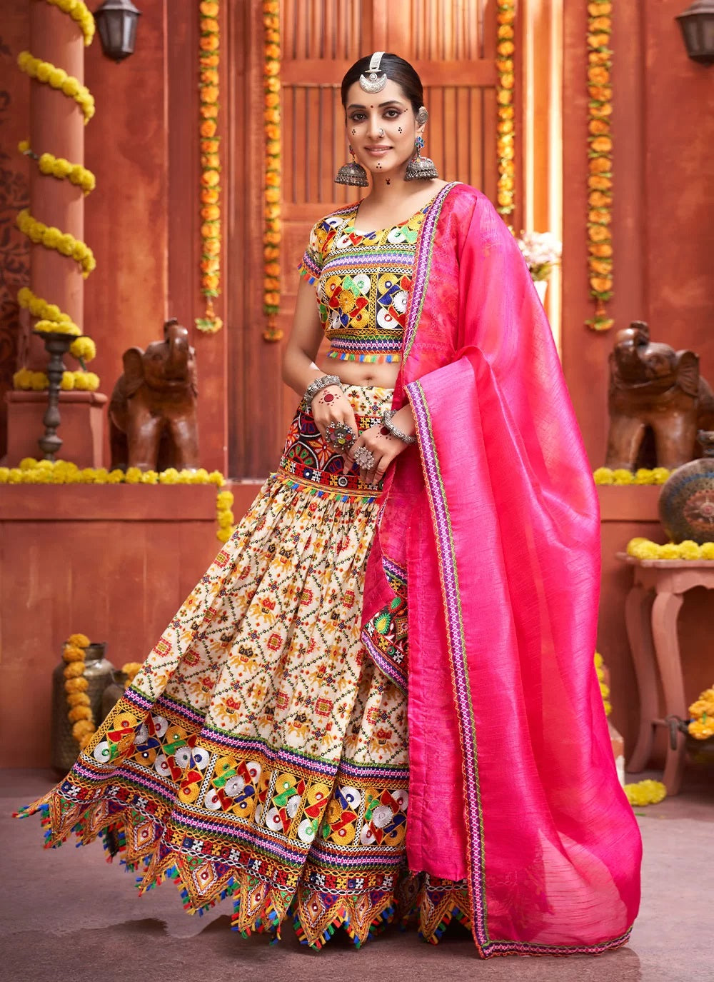 Navratri special cream cotton silk chaniya choli