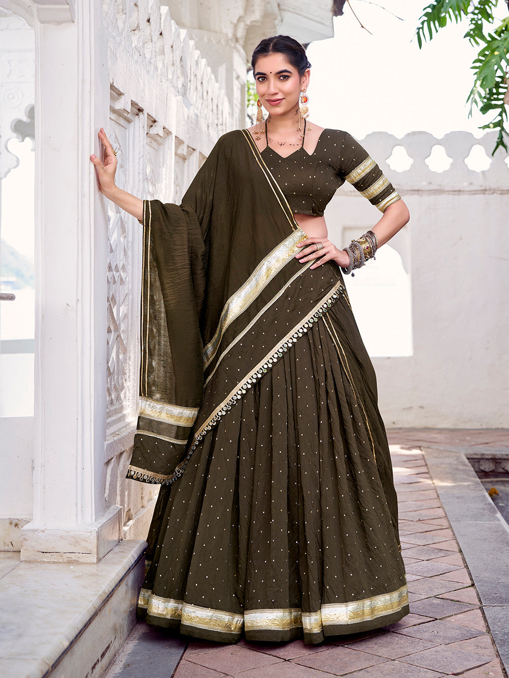 Mehendi chanderi zari weaving lehenga choli with embossed lace dupatta
