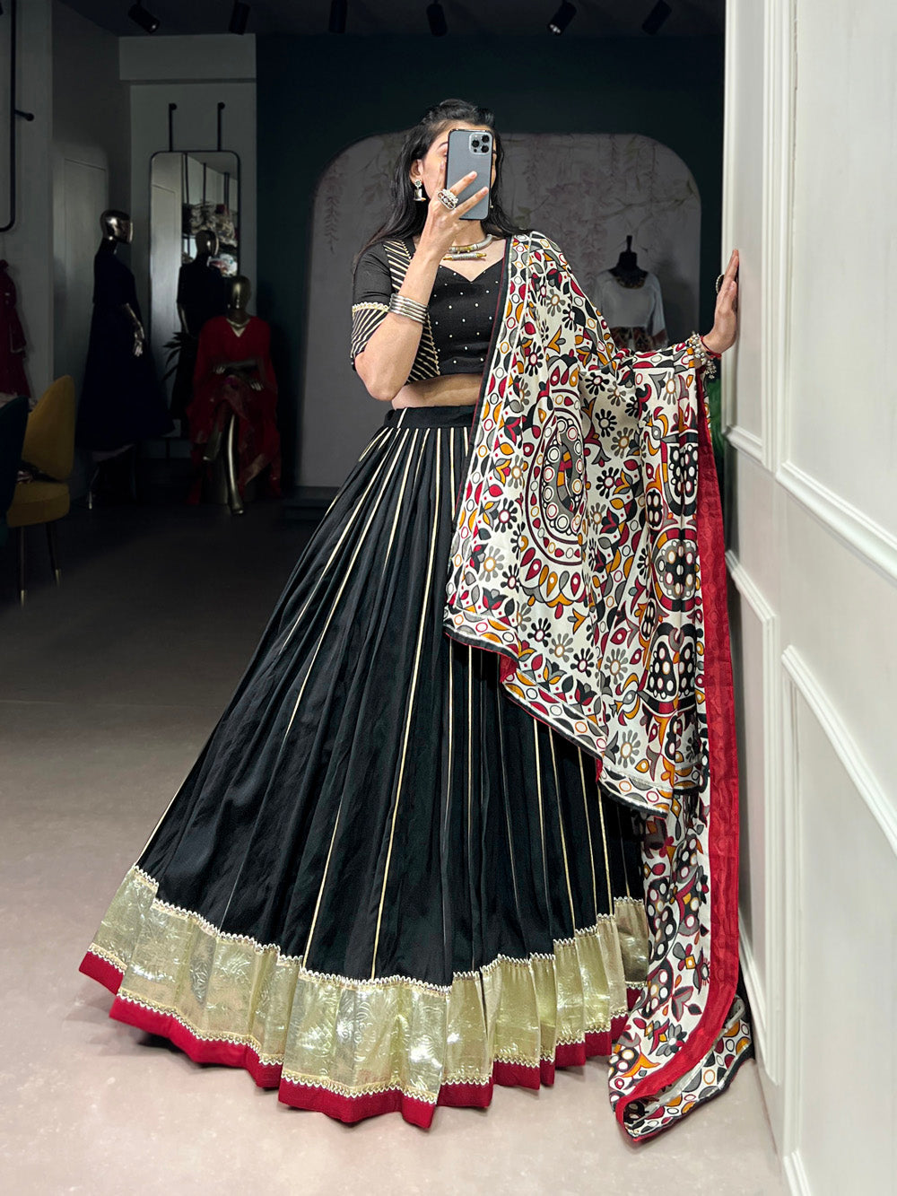 Black color zari weaving work with embossed design chanderi lehenga choli