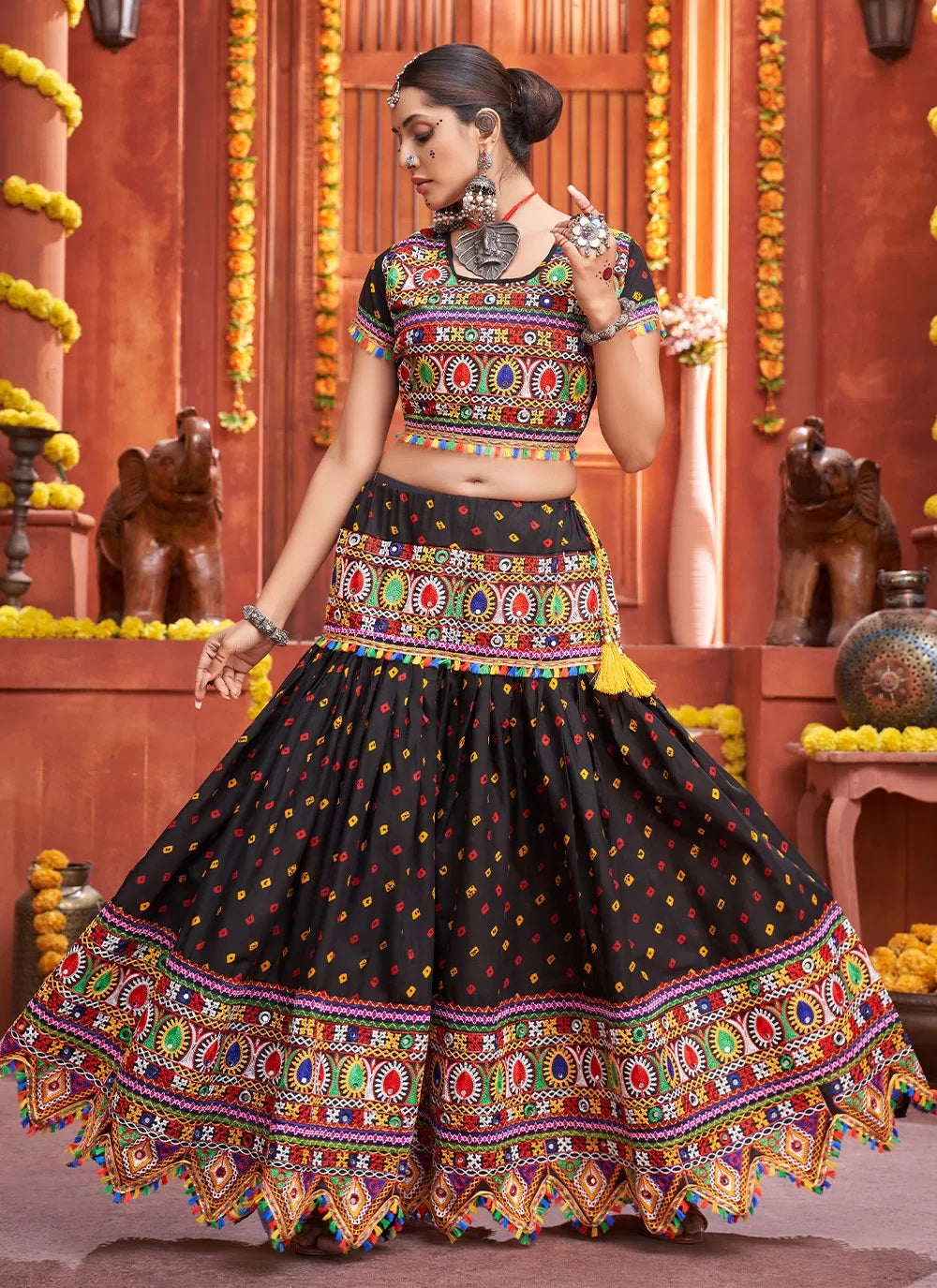 Navratri special gamthi work chaniya choli in black