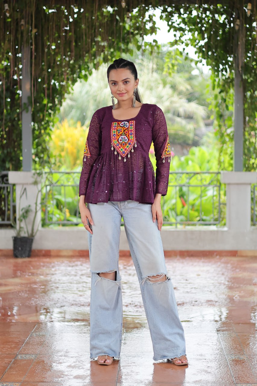 Navratri Special Georgette Schiffli Peplum Top with Kutchi Gamthi Patch Work