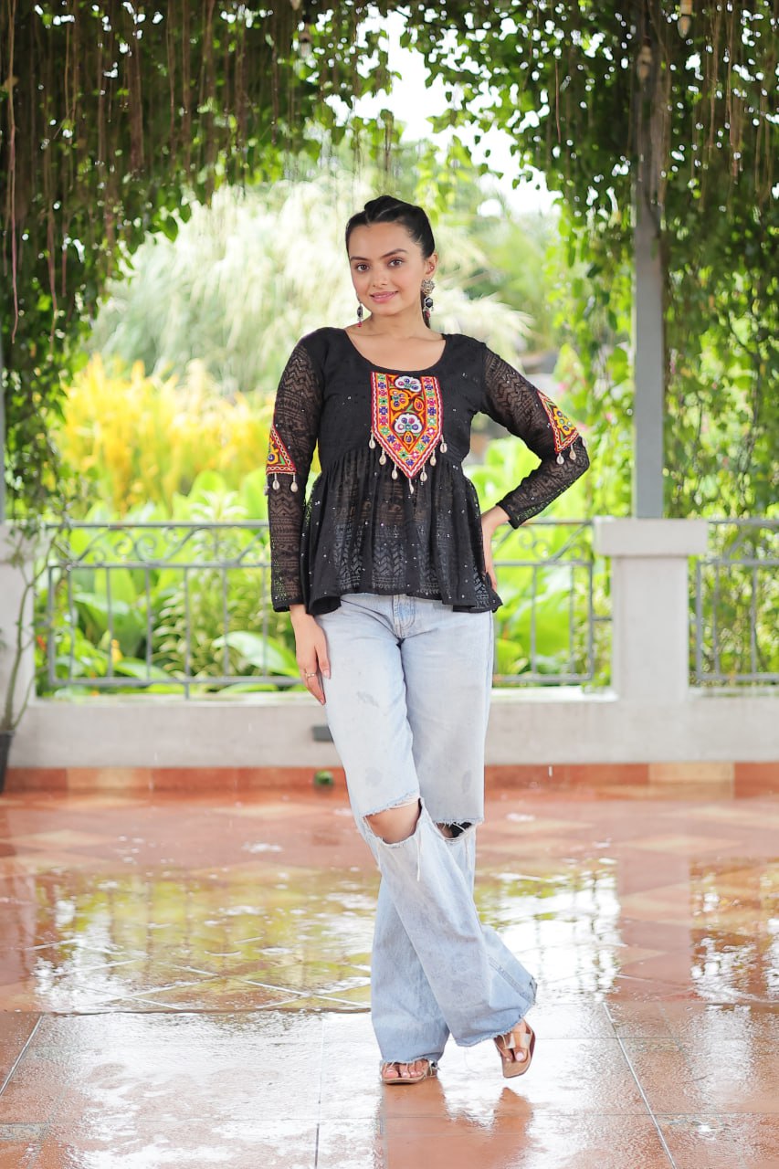 Navratri Special Georgette Schiffli Peplum Top with Kutchi Gamthi Patch Work