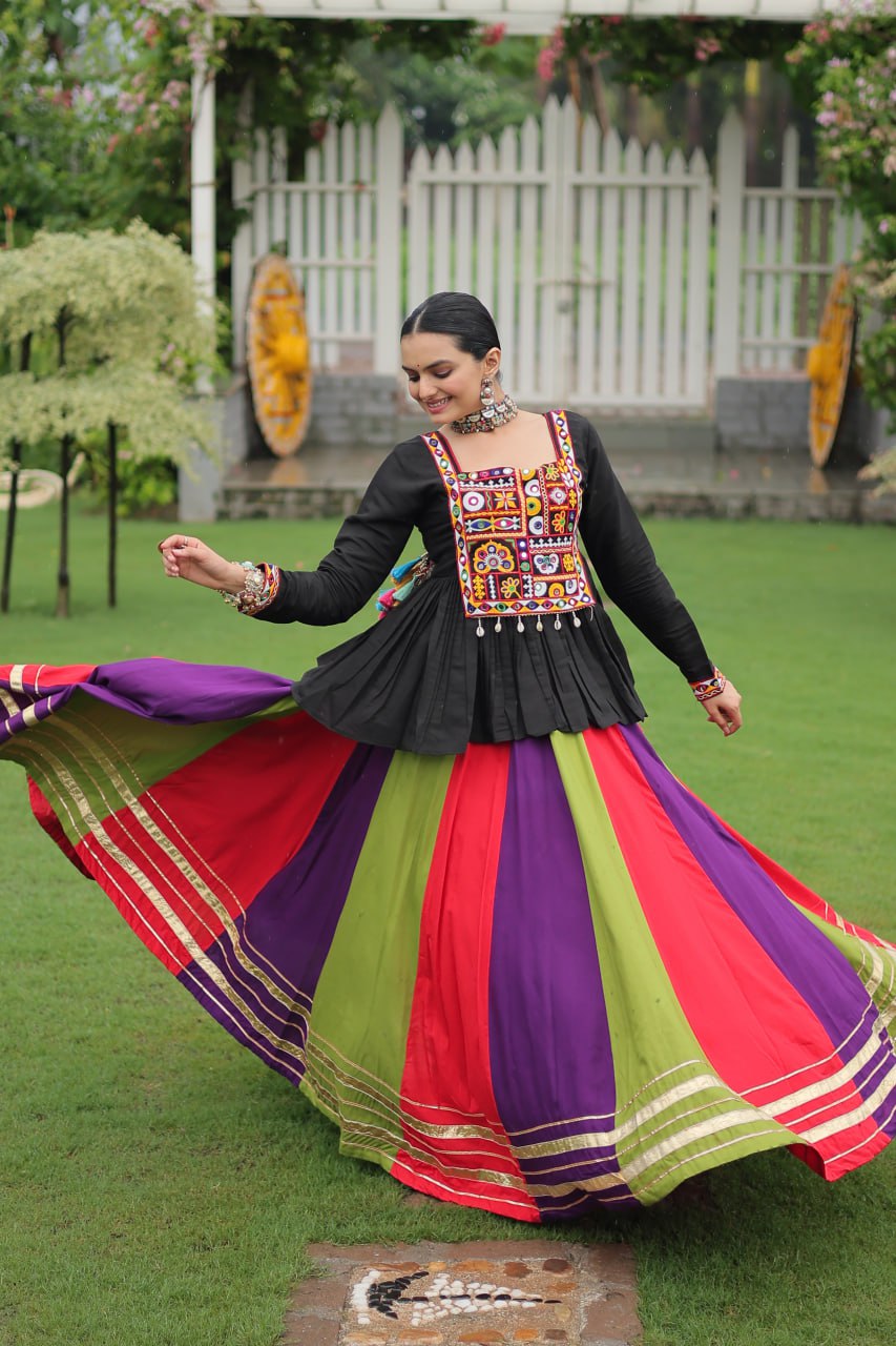 Navratri Special Multi-Color Lehenga with Black Peplum Top Kutchi Gamthi Work Full-Stitched Garba Outfit