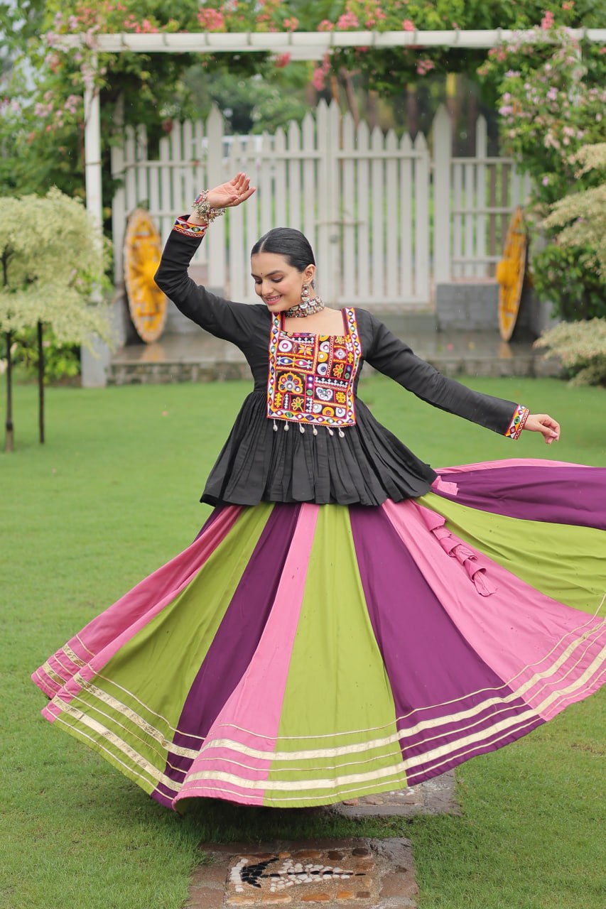 Navratri Special Multi-Color Lehenga with Black Peplum Top Kutchi Gamthi Work Full-Stitched Garba Outfit
