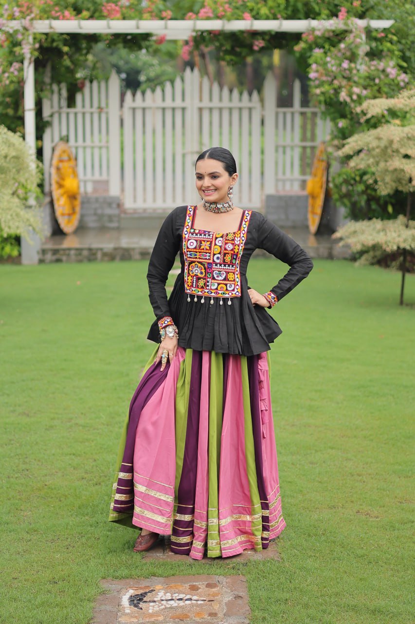 Navratri Special Multi-Color Lehenga with Black Peplum Top Kutchi Gamthi Work Full-Stitched Garba Outfit