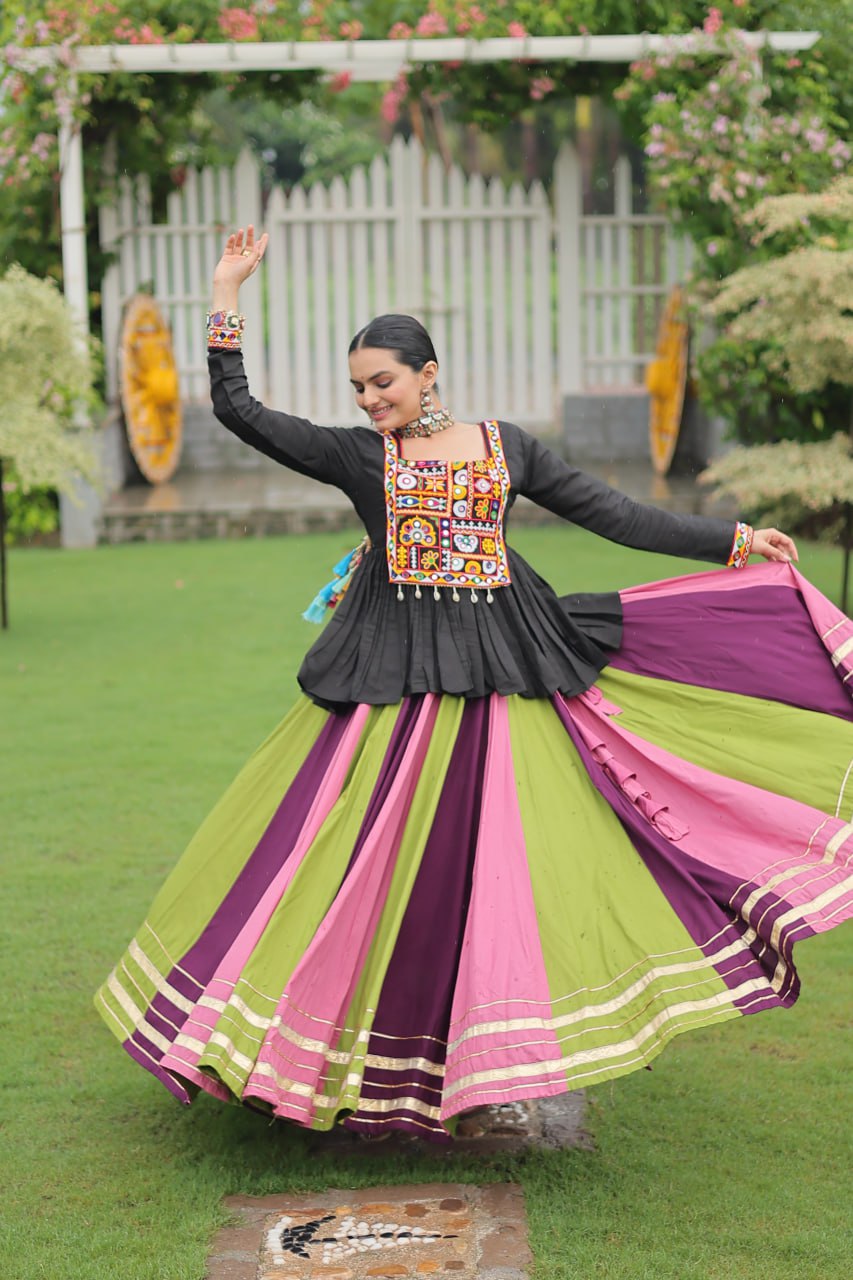 Navratri Special Multi-Color Lehenga with Black Peplum Top Kutchi Gamthi Work Full-Stitched Garba Outfit