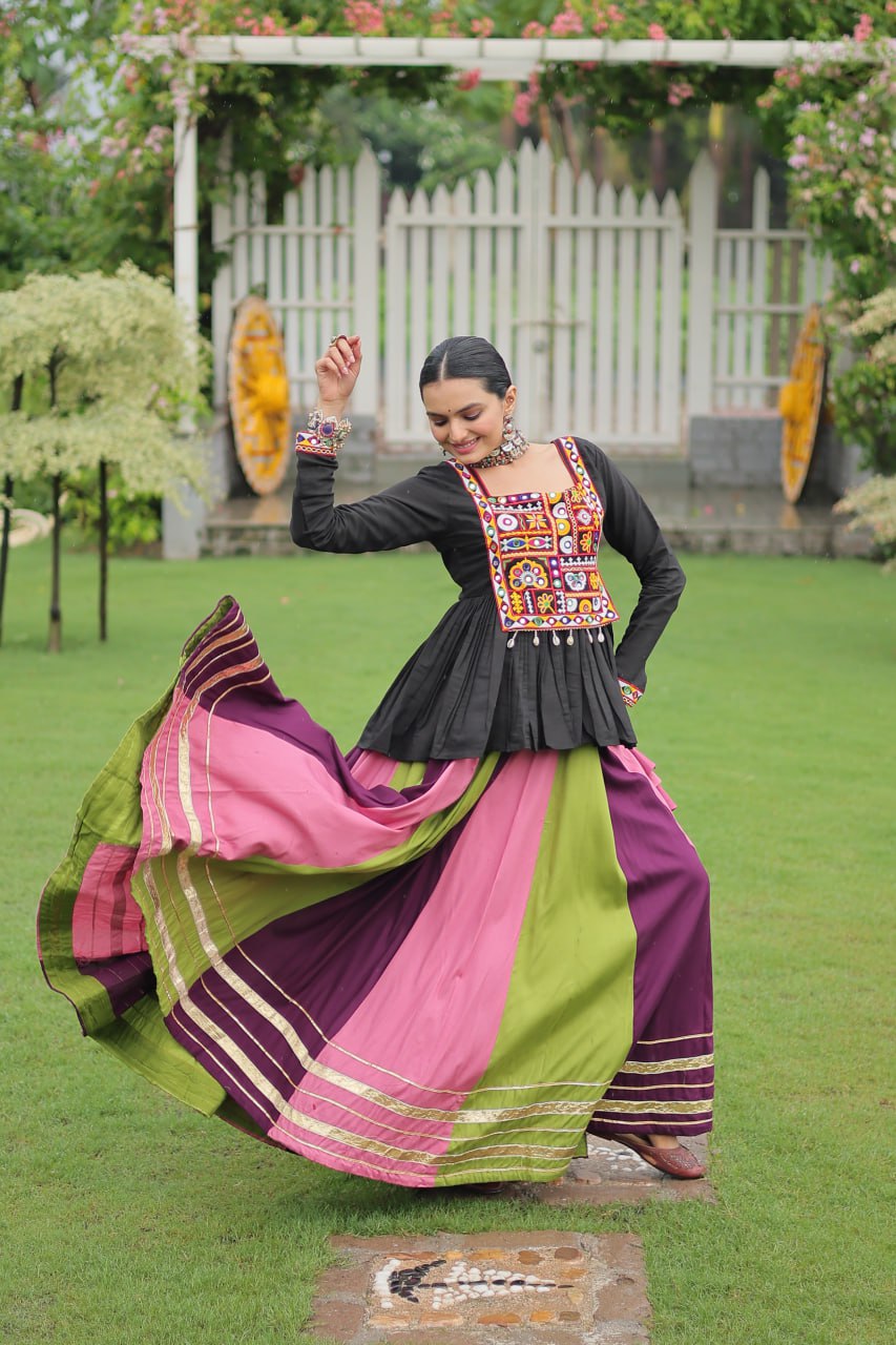 Navratri Special Multi-Color Lehenga with Black Peplum Top Kutchi Gamthi Work Full-Stitched Garba Outfit
