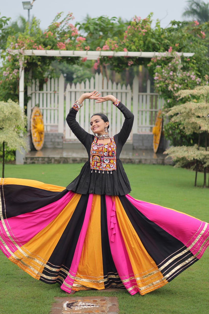 Navratri Special Multi-Color Lehenga with Black Peplum Top Kutchi Gamthi Work Full-Stitched Garba Outfit